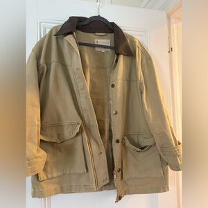 Women’s Pilcro Oversized Tan Jacket with Brown Faux Leather Collar, Size M